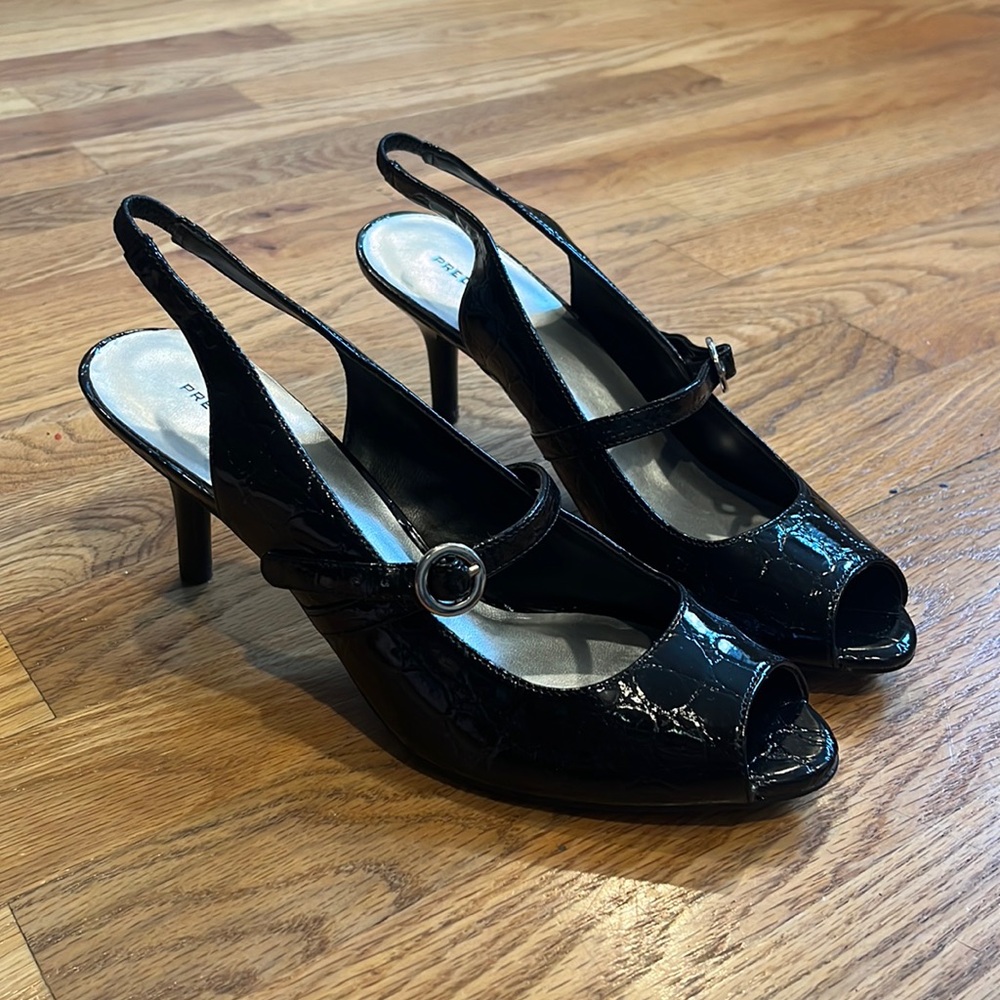 Predictions Black Patent Leather Peep-Toe Slingback Heels